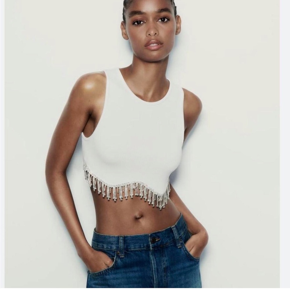 Zara Limited Edition Contour Rhinstone Crop Top White Size XS/S